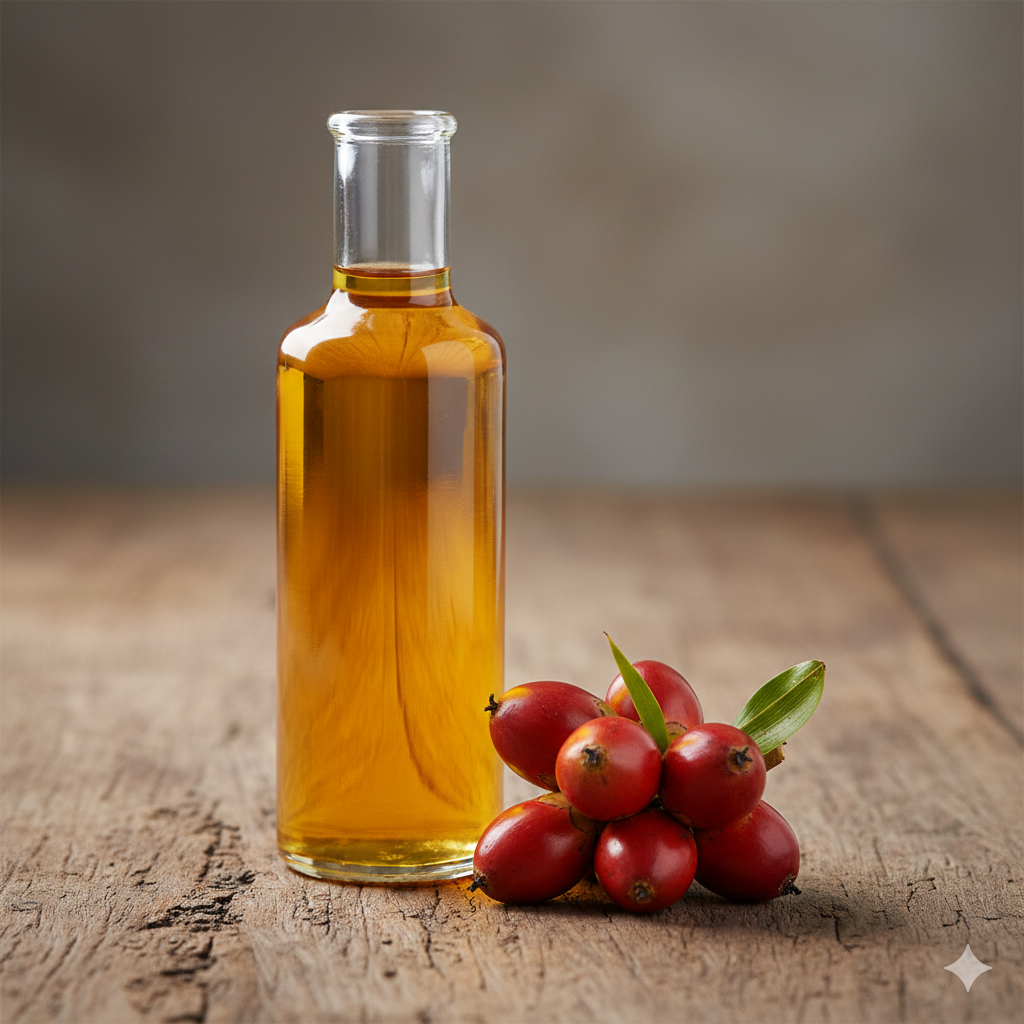 Premium palm oil in glass bottle with fresh palm fruits - Panama export - Masiva Global