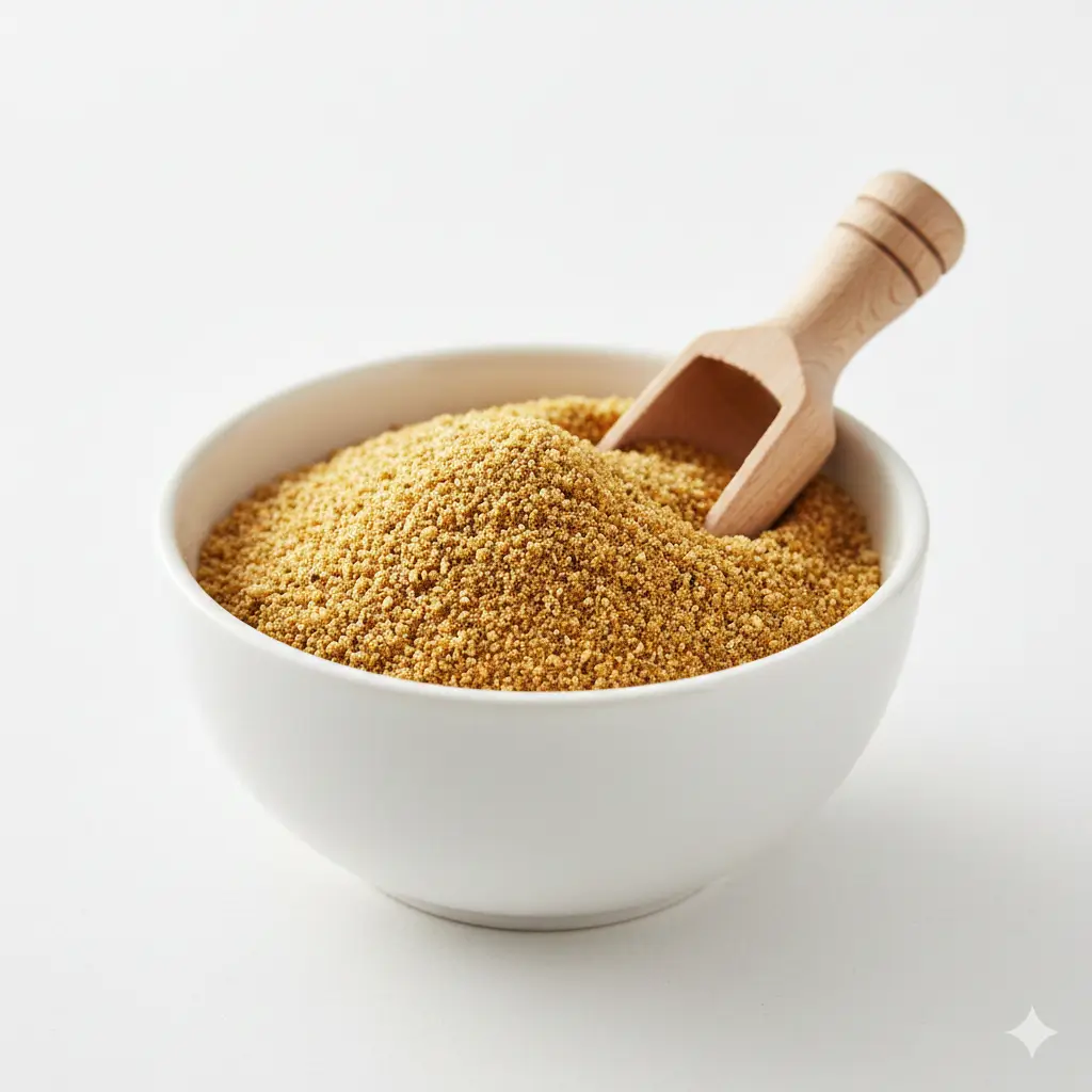 High protein fish meal powder in white bowl - Panama aquaculture feed export - Masiva Global