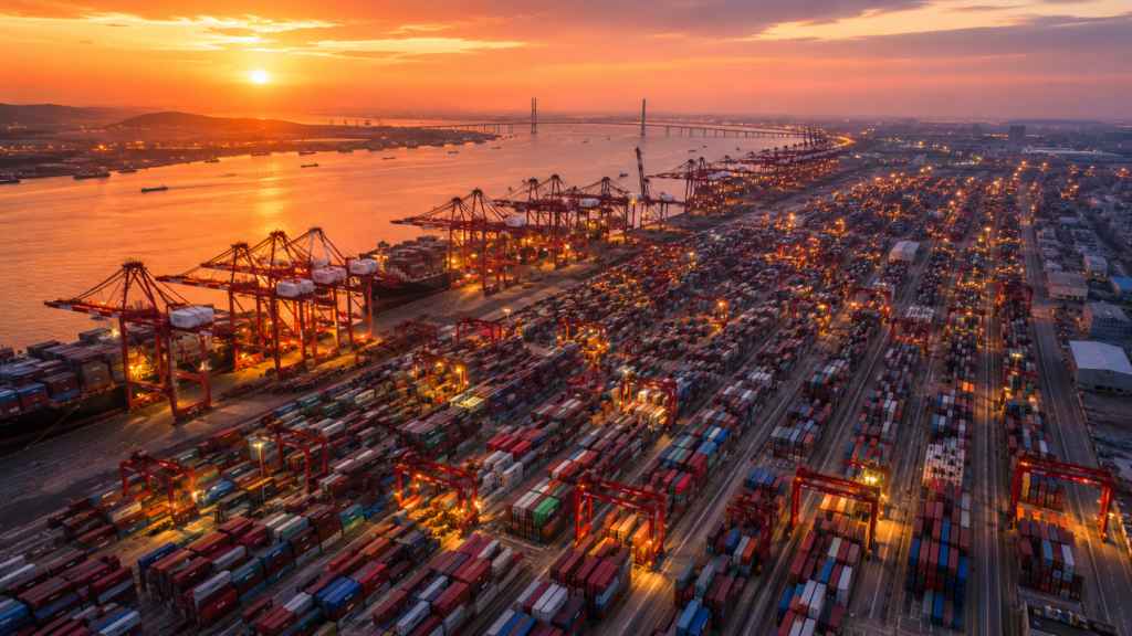 Puerto de Shanghái al atardecer, principal origen de importaciones desde China hacia Panamá y el Caribe